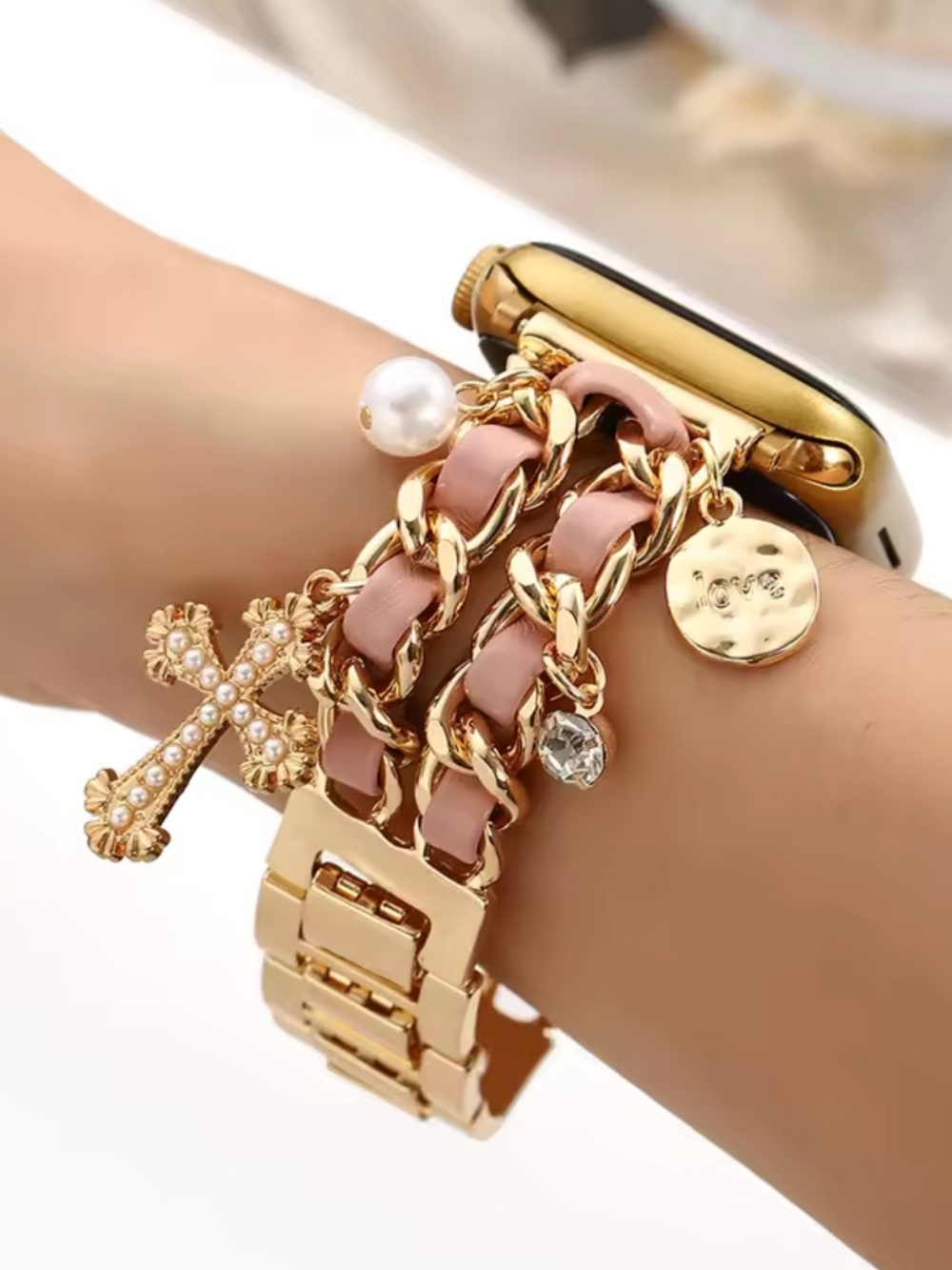 Nordstrom Gold and Pink Chain Link Bracelet with Cross Charm
